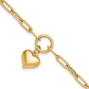 14K Polished Puffed Heart Dangle Paper Clip Link 7.25 inch Bracelet