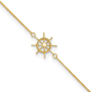14k Polished Ships Wheel 9 inch Anklet Plus 1 inch Heart Dangle Extender