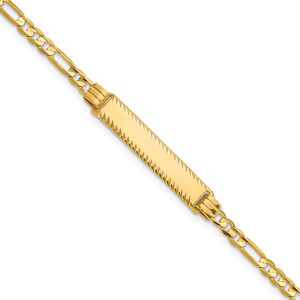 14k Polished Solid Chain/Solid Plate 3.0mm Figaro Link Diamond-cut 27x5.5mm Plate 7 inch ID Bracelet