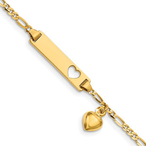 14k Polished Solid Chain/Solid Plate Cut-out Heart with Heart Dangle Figaro Link 21x5mm Plate 5.5 inch Baby/Child ID Bracelet