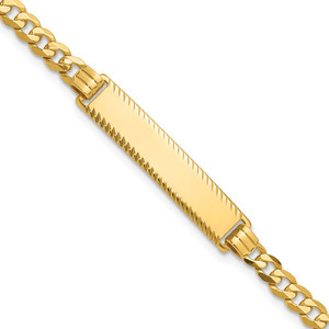 14k Polished Solid Chain/Solid Plate Flat Curb Link Diamond-cut 29x6.5mm Plate 7 inch ID Bracelet