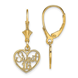 14K Polished SWEET 16 in Heart Dangle Leverback Earrings
