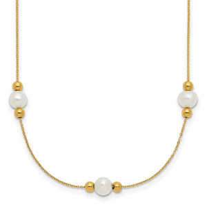 14K Polished White Round Freshwater Cultured Pearl and Bead 3-Station 16 inch Necklace Plus 2 inch Extender