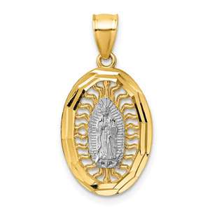 14k Polished with Rhodium Diamond-cut Pierced Design Our Lady of Guadalupe Pendant