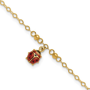14K Red and Black Enameled Ladybug 9 inch Anklet Plus 1 inch Extender
