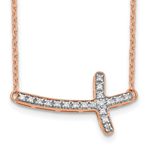 14k Rose Gold 1/10 carat Diamond Sideways Cross 18 inch Necklace - PM-C69F0444-3165