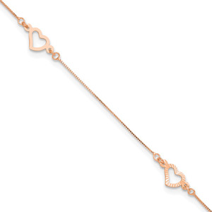 14K Rose Gold Fancy Open Hearts 3-Station 9 inch Anklet Plus 1 inch Heart Dangle Extender
