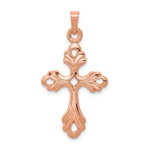 14K Rose Gold Polished Fleur De Lis Cross Pendant