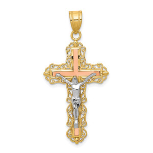 14K Tri-color Diamond-cut Crucifix Pendant - D3-C0ACF9A5-3905