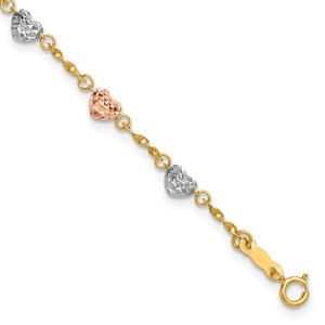 14k Tri-color Diamond-cut Puffed Heart 8 inch Bracelet