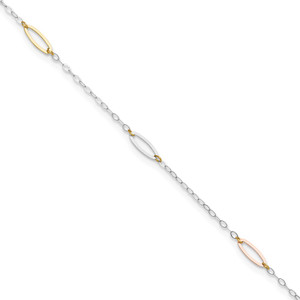 14K Tri-color Oval Link 5-Station 9 inch Anklet Plus 1 inch Heart Dangle Extender