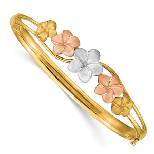 14k Tri-color Polished and Satin Diamond-cut Plumeria Hinged Oval Bangle Bracelet