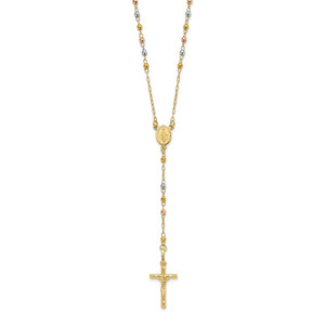 14K Tri-color Polished Crucifix and Miraculous Medal with Faceted Beads 24 inch Rosary Necklace