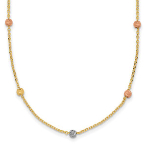 14k Tri-color Polished Diamond-cut Beads 18 inch Station Necklace