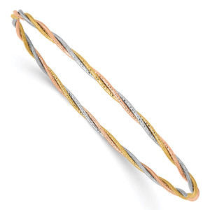 14k Tri-color Polished Diamond-cut Twisted 2.00mm Slip-on Round Bangle Bracelet