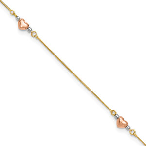 14k Tri-Color Puffed Hearts and Beads 10 inch Anklet Plus 1 inch Heart Dangle Extender