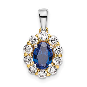 14k Two-Tone 1/2 carat Lab Grown Diamond VS/SI+ G+ and Lab Created Blue Sapphire Halo Pendant