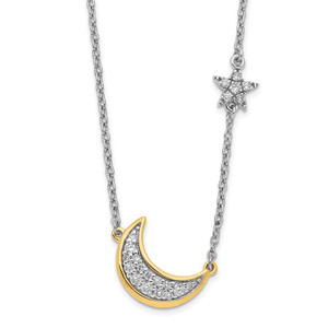 14k Two-tone 1/6 carat Diamond Crescent Moon with Star 18 inch Necklace