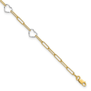 14K Two-tone 5 Hearts and Paperclip Links 9 inch Anklet Plus 1 inch Extender