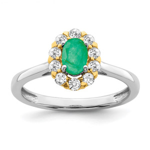 14k Two-Tone 5/8 carat Lab Grown Diamond VS/SI+ G+ and Oval Lab Created Emerald Halo Fashion Ring