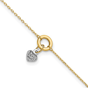 14K Two-tone Circle with Diamond-cut Puffed Heart Dangle 9 inch Anklet Plus 1 inch Heart Dangle Extender