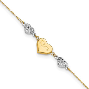 14K Two-tone Diamond-cut and MOM Puffed Heart 9 inch Anklet Plus 1 inch Heart Dangle Extender