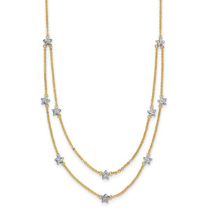 14K Two-tone Double Chain Textured Stars 18 inch Necklace