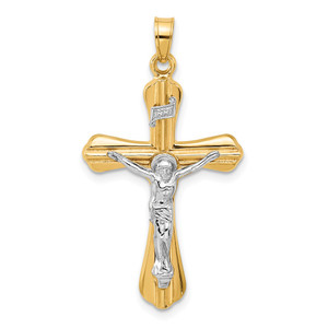 14k Two-Tone Grooved Hollow INRI Crucifix Pendent