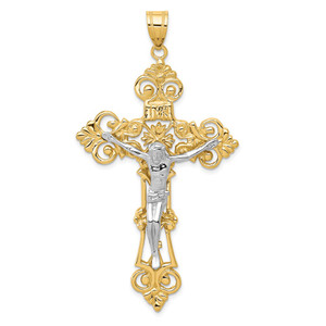 14k Two-tone INRI Fleur De Lis Crucifix Pendant - C2-0ACBD9D6-4383