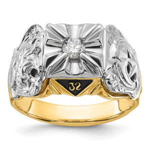 14k Two-tone Men's Polished and Textured with Black Enamel and AA Quality Diamond Masonic Ring - Y4-FCB17CDE-6045