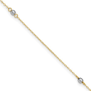 14k Two-tone Mirror Beads 3-Station 9 inch Anklet Plus 1 inch Heart Dangle Extender