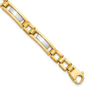 14k Two-tone Polished and Satin 6.3mm Fancy Bar Link 8.5 inch Mens Bracelet