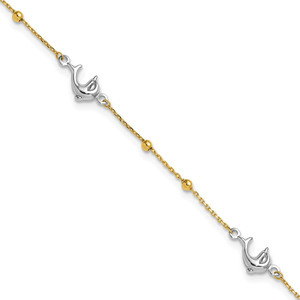 14K Two-tone Polished Beads and Three Dolphins 9 inch Anklet Plus 1 inch Extender