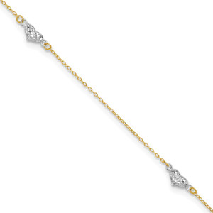 14k Two-tone Polished Diamond-cut Triple Puffed Hearts 9 inch Anklet Plus 1 inch Heart Dangle Extender - AN-AFA79E1F-4555