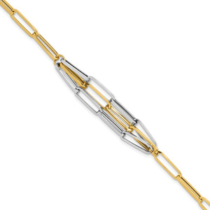 14K Two-tone Polished Fancy Paperclip Link 7.5 inch Bracelet