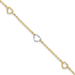 14K Two-tone Polished Open Hearts 5-Station 9 inch Anklet Plus 1 inch Extender