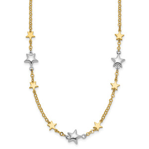 14K Two-Tone Polished Puffed and Flat Stars 17 inch Necklace Plus 1 inch Extender
