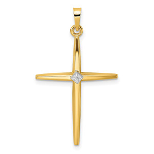 14k Two-tone Polished Solid Diamond Shape Center Cross Pendant - XR-424490AE-2703