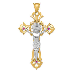 14k Two-tone Polished with Red CZs Crucifix Pendant - C2-6F3D9E35-4849