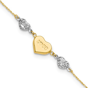 14K Two-tone Puffed LOVE Heart and Diamond-cut Beads 7 inch Bracelet Plus 1 inch Heart Dangle Extender