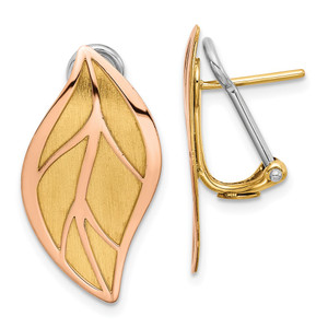 14K Two-tone Rose and Yellow Polished / Brushed Leaf Omega Back Earrings