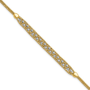 14k Two-Tone Textured Diamond-cut 7mm Beaded 7.5 inch Bracelet Plus 1 inch Extender