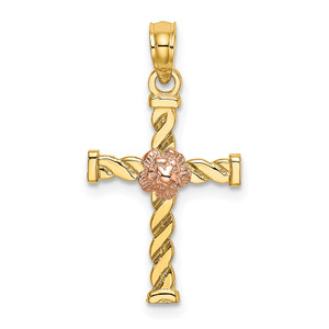 14k Two-Tone Twisted Cross w/ Flower Charm