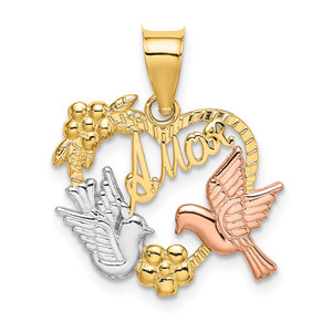 14k Two-tone w/White Rhodium AMOR Heart w/Doves Charm