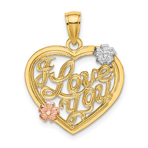14k Two-tone w/White Rhodium I LOVE YOU Heart w/Flowers Charm