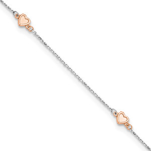 14K Two-tone White and Rose Satin Hearts 4-Station 9 inch Anklet Plus 1 inch Extender