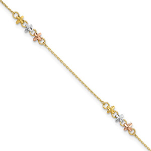 14K Two-tone with White Rhodium 3-Station Flowers 9 inch Anklet Plus 1 inch Extender