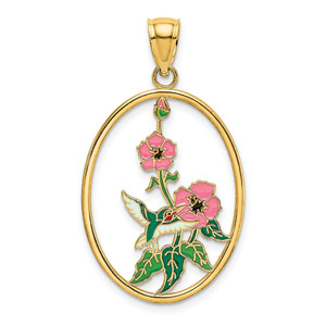 14K w/ Enamel Hummingbird and Flowers In Oval Frame Charm