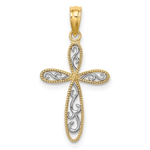 14K w/ Rhodium Filigree and Milgrain Cross Charm