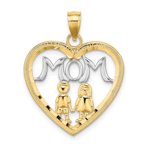 14k w/ Rhodium MOM Heart with 2 Kids Charm